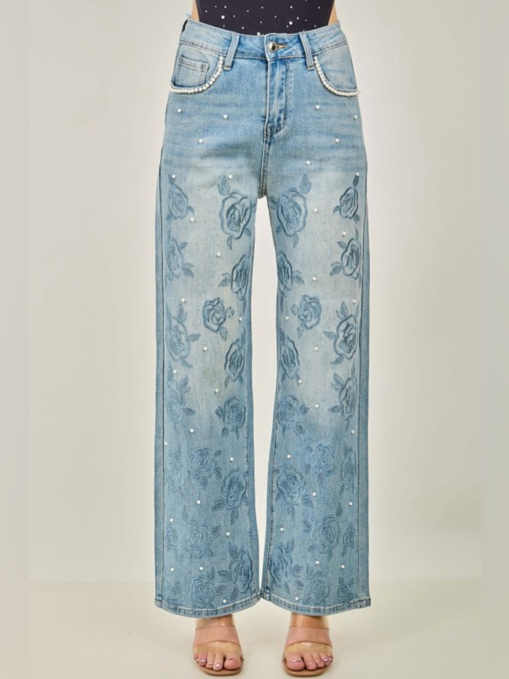 Light Blue Embroidered Rose Pearl Wide-Leg Jeans